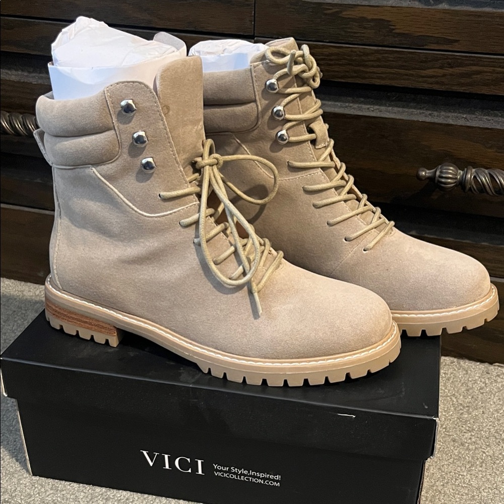 Vici Beige Lace-Up Ankle Boots
